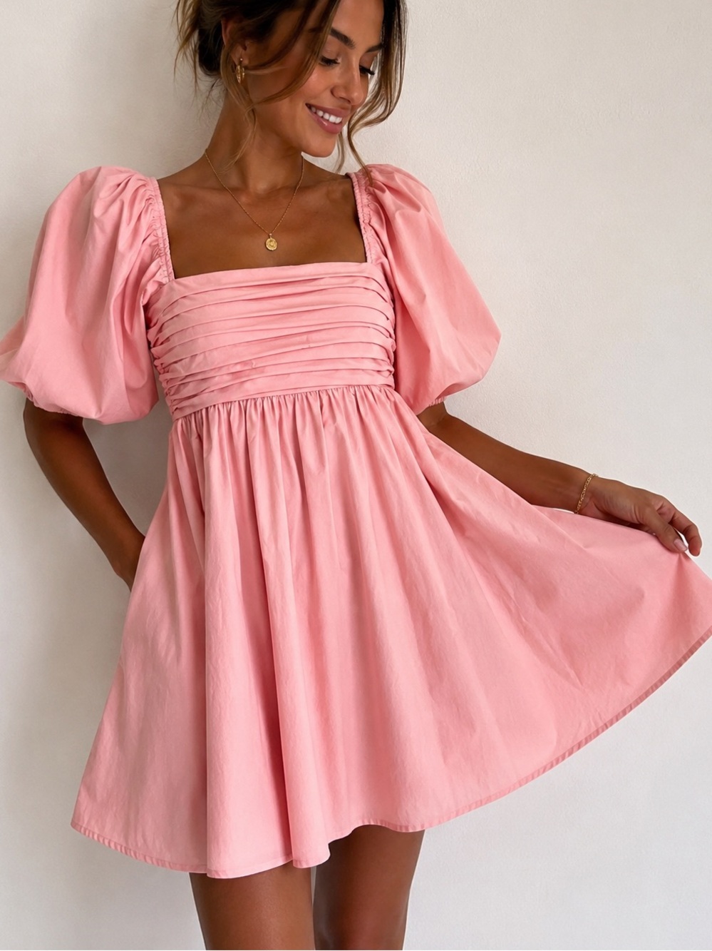 Abercrombie & Fitch Ruched Puff Sleeve Square Neck Mini Dress Pink Small